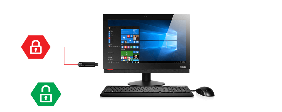 Lenovo ThinkCentre M810z All-in-One, front view with graphic showing Smart USB Protection