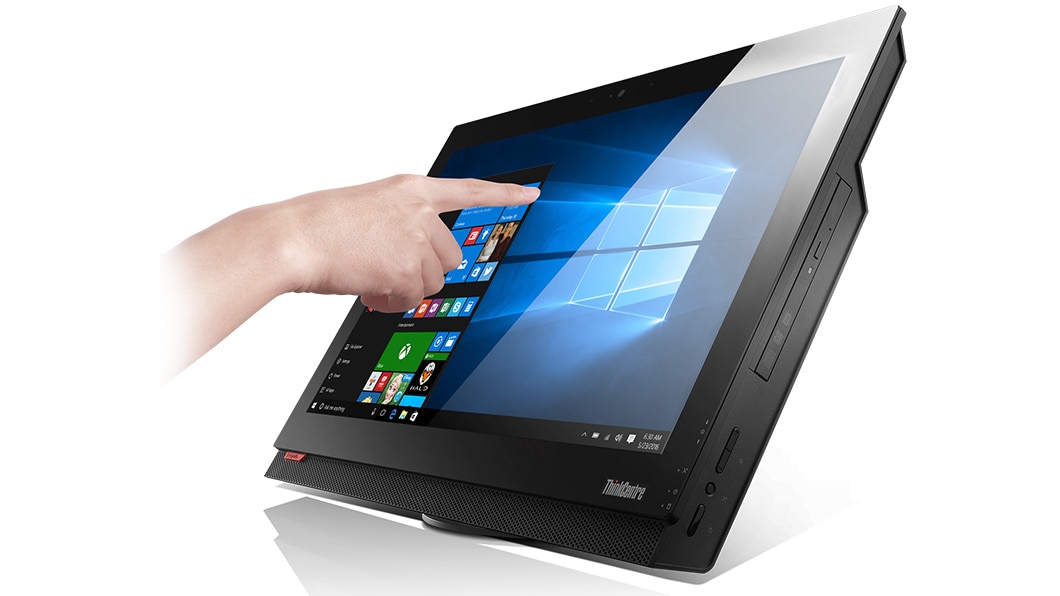 Lenovo ThinkCentre M810z AIO, front right side view with hand touching screen