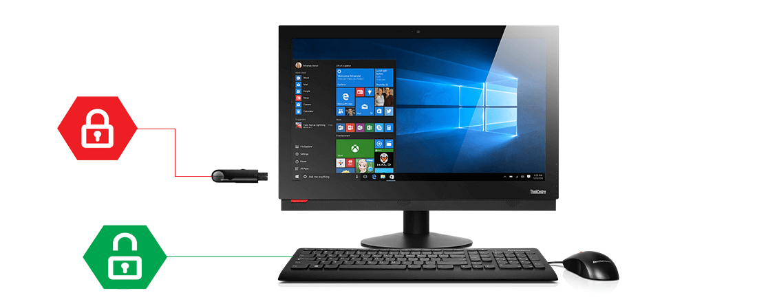 Lenovo ThinkCentre M910z All-in-One, front view with icons representing Smart USB Protection