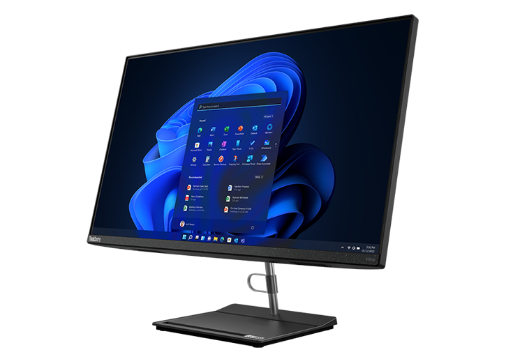 Side-facing ThinkCentre Neo 30a  (27" Intel) all-in-one PC, showing display with Windows 11 start-up & monitor stand