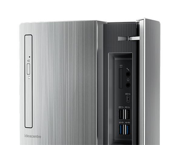 Lenovo Ideacentre 720 (Intel) Tower, front detail of optical drive and ports panel open. 