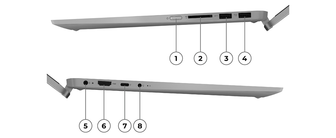 Left side profile showing dropdown hinge and numbered ports and slots  Right side profile showing dropdown hinge and numbered ports and slots