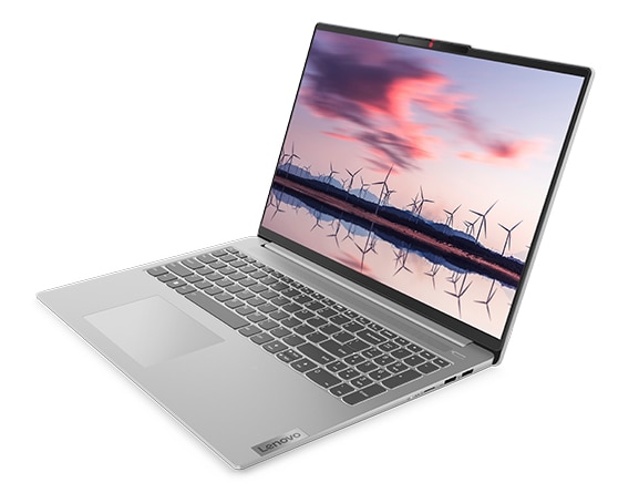 Right-side facing IdeaPad Slim 5 Gen 8 laptop, showing keyboard and landscape photo on the screen