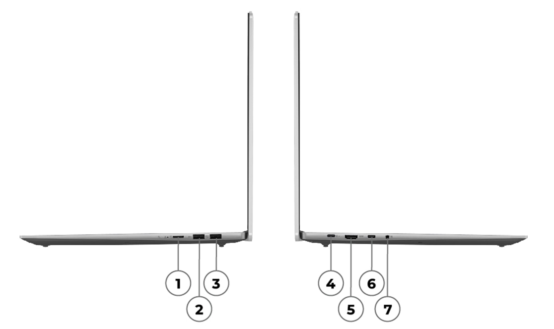 Profils gauche et droit du portable IdeaPad Slim 5 Gen 8 ouvert à 90 degrés, montrant les bords du clavier, le capot supérieur et les ports