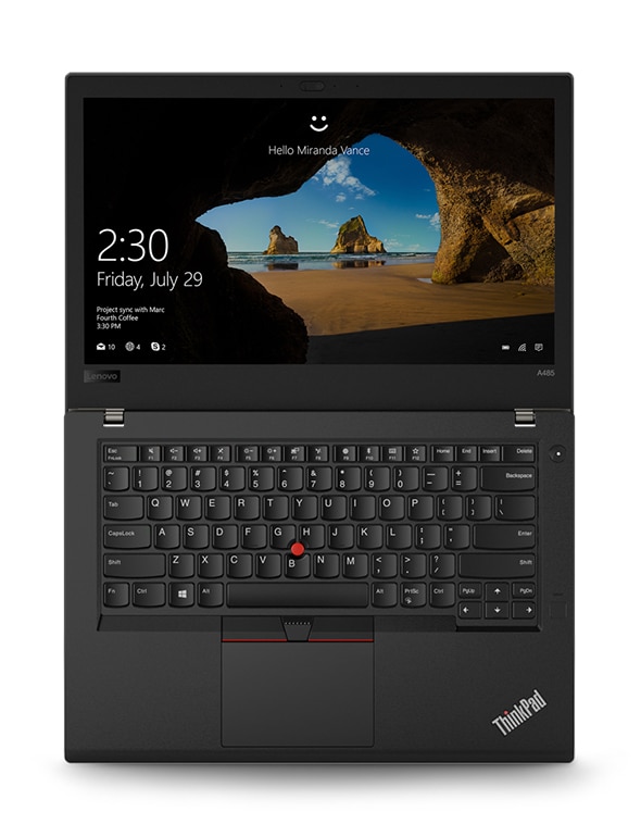 Lenovo ThinkPad A485 open 180 degrees showing keyboard and display.