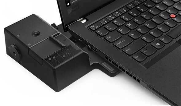 Detailed view of Lenovo ThinkPad A485 attaching to ThinkPad Pro Dock.