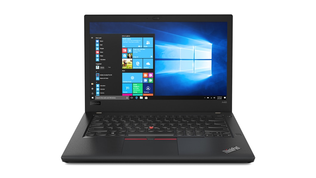  Lenovo ThinkPad A485, edestä kuvattuna, näytössä Windows 10.