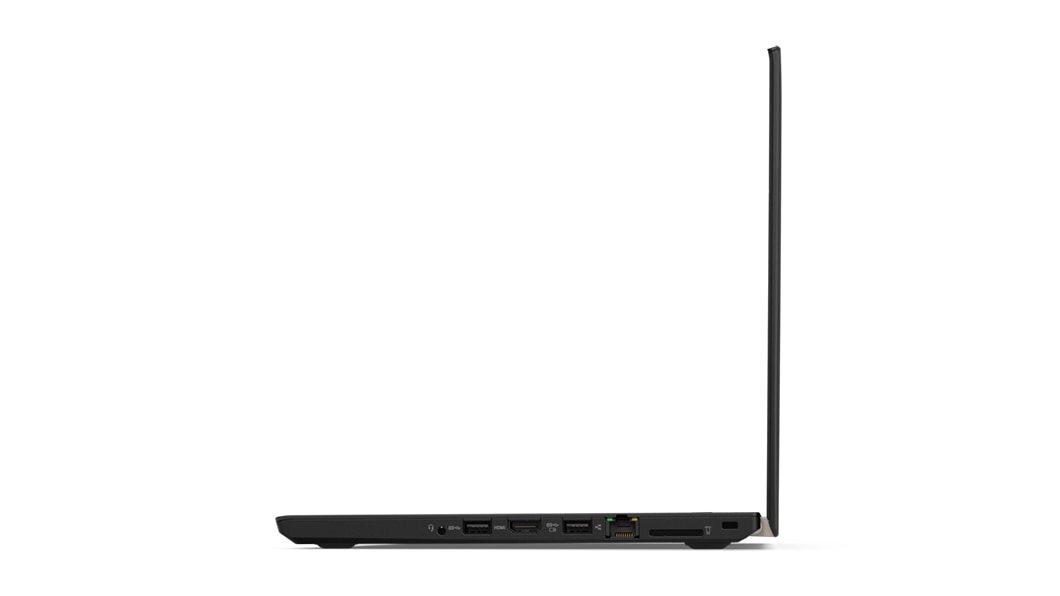 Lenovo ThinkPad A485, right side view open 90 degrees showing ports.