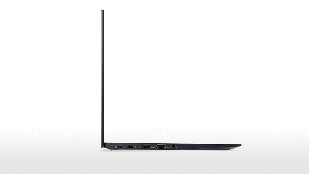 ThinkPad X1 Carbon in black, side view open, showing ports