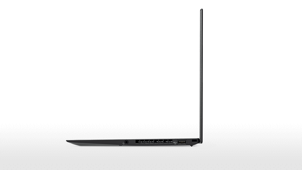 ThinkPad X1 Carbon in black, side view open, showing vents