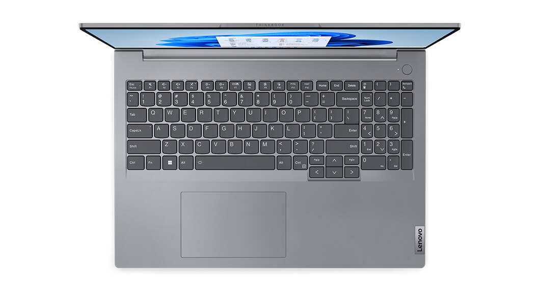 Overhead shot of keyboard with numeric pad on the Lenovo ThinkBook 16 Gen 6 laptop.