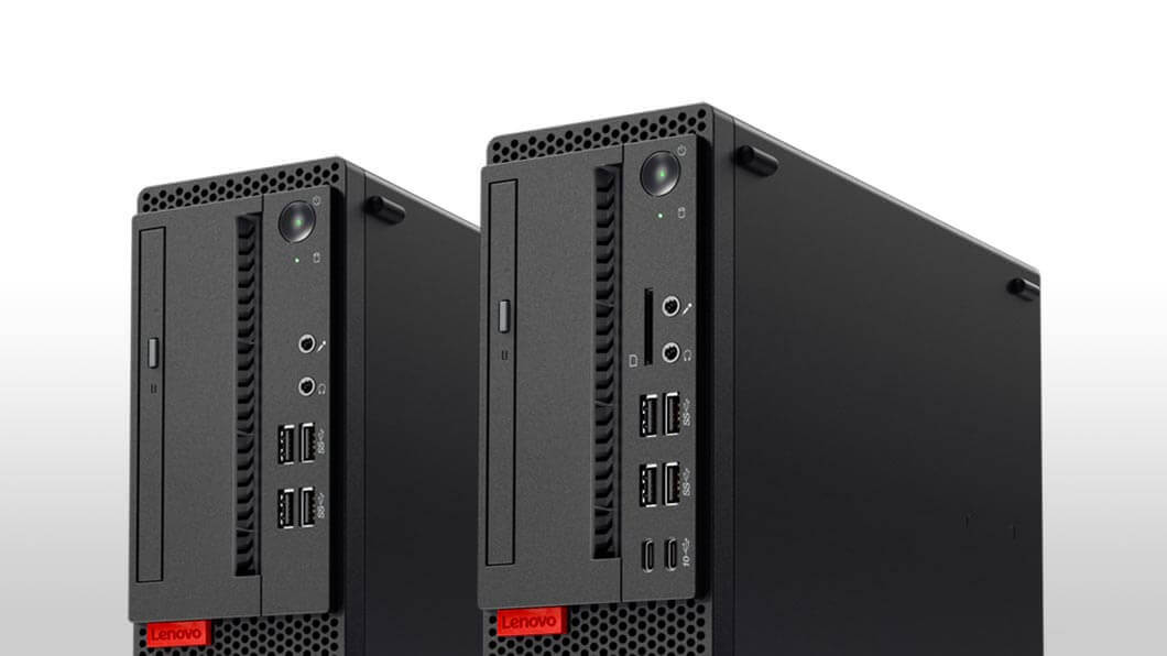 Lenovo ThinkCentre M910 SFF, front view of two models showing port options