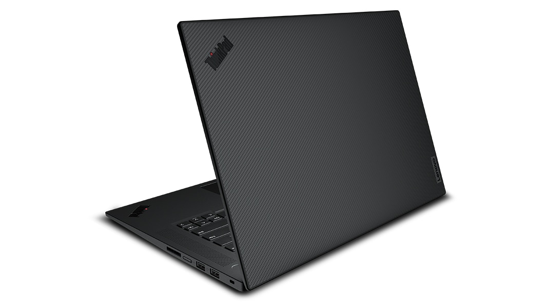 Rear-facing  Lenovo ThinkPad P1 Gen 6 (16″ Intel) mobile workstation, opened at an angle, showing part of keyboard, textured top cover, & ThinkPad logo
