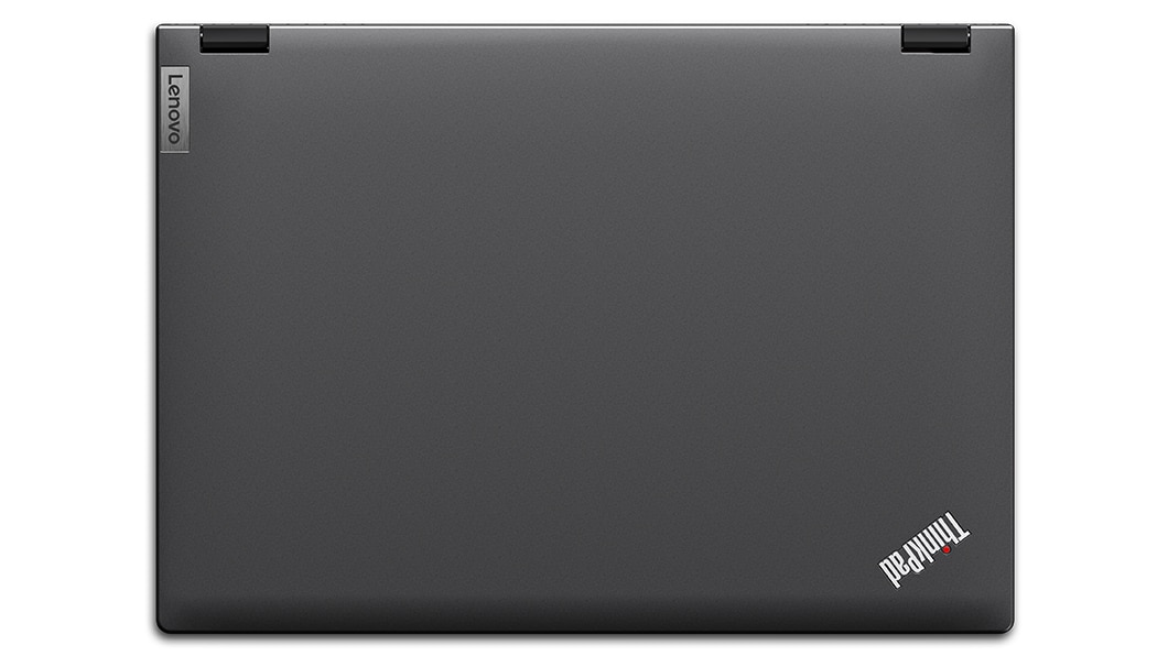 Aerial view of Lenovo ThinkPad P16v (16” AMD) mobile workstation, closed, showing top cover, hinges, & Lenovo & ThinkPad logos