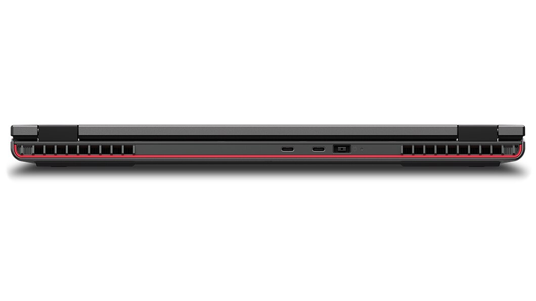 Close up of rear-facing Lenovo ThinkPad P16v (16” AMD) mobile workstation, closed, showing edges of top & rear covers, hinges, & rear ports