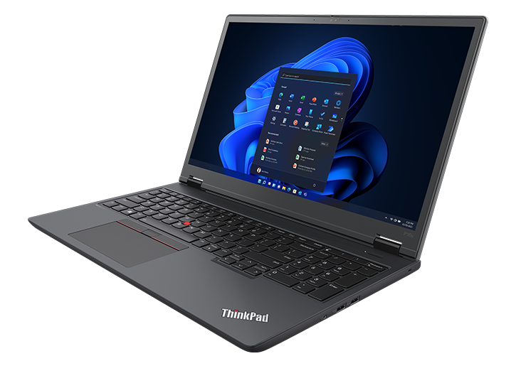 Lenovo ThinkPad P16v (16” AMD) mobile workstation, opened at an angle,  showing keyboard, display with Windows 11 start-up screen, & right-side ports