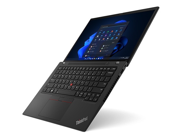 Floating right-side view of Lenovo ThinkPad T14 Gen 4 laptop in Thunder Black, open 180 degrees & showcasing display, keyboard, & ports.