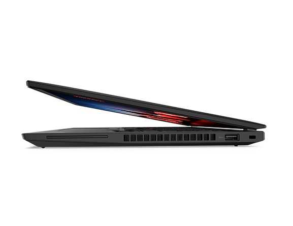 Barely open profile of the Lenovo ThinkPad T14 Gen 4 laptop showing right-side ports & slots.