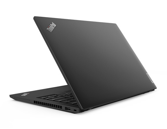 Rear-facing Lenovo ThinkPad T14 Gen 4  laptop in Thunder Black partially open & angled to show right-side ports.