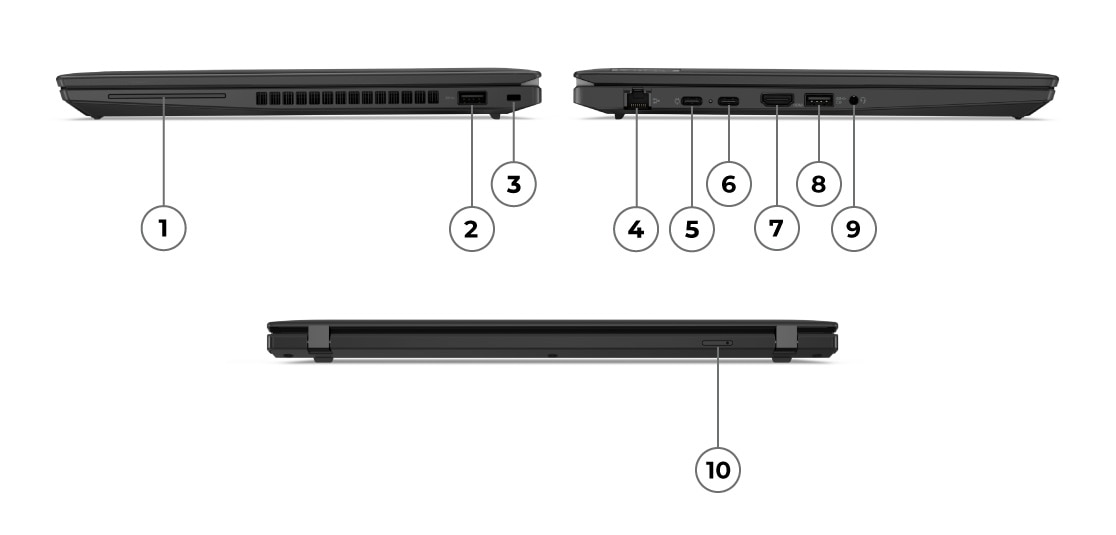 Three profile views of right, left, and rear side ports & slots labeled 1-10 on the Lenovo ThinkPad T14 Gen 4  laptop.