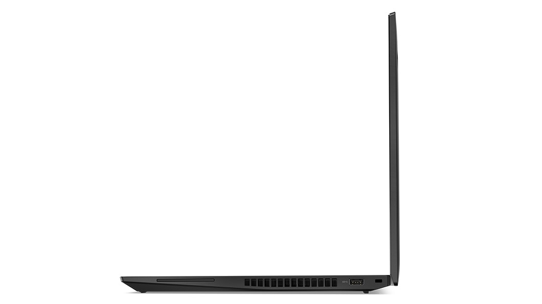 Right-side profile of the Lenovo ThinkPad T16 Gen 2 laptop in Thunder Black open 90 degrees.