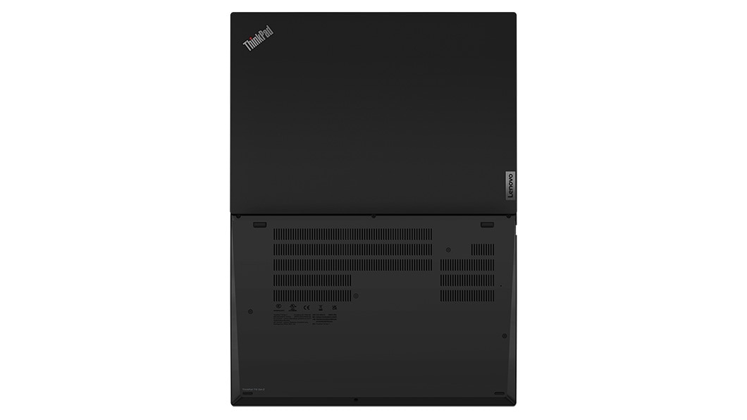 Overhead shot of the Lenovo ThinkPad T16 Gen 2 laptop open 180 degrees, showcasing the top & bottom covers.