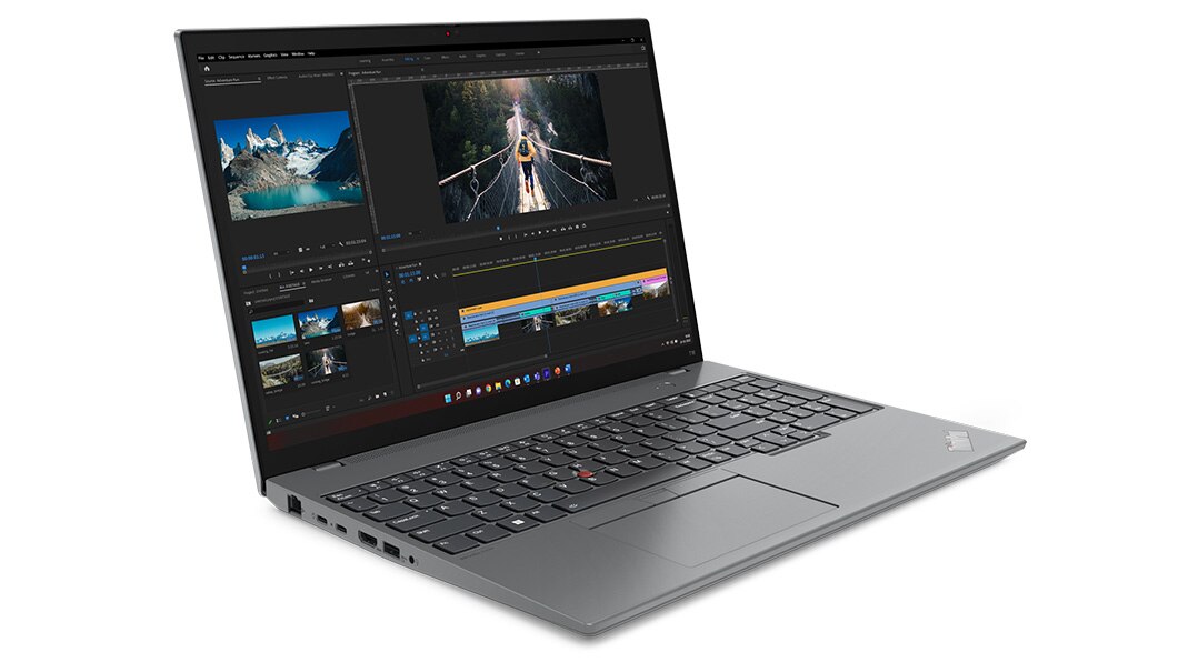 Lenovo ThinkPad T16 Gen 2 laptop in Storm Grey, open 90 degrees, angled to show left-side ports, keyboard & display.