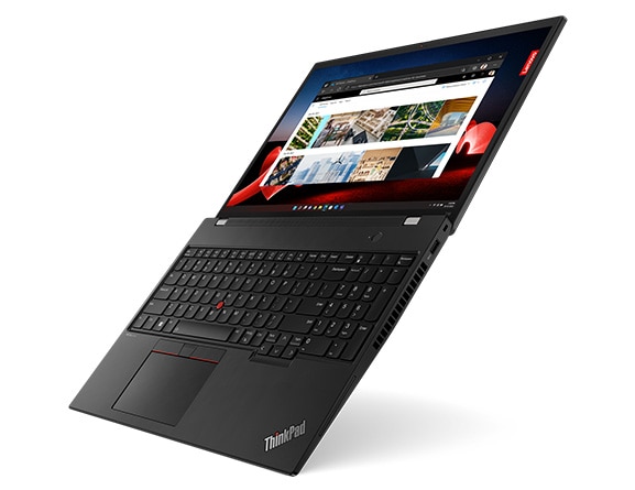 Floating right-side view of Lenovo ThinkPad T16 Gen 2 laptop open 180 degrees, showcasing display, keyboard, & ports.