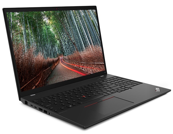 Lenovo ThinkPad T16 Gen 2 laptop open 90 degrees, angled to show left-side ports, keyboard, & display with bamboo forest.