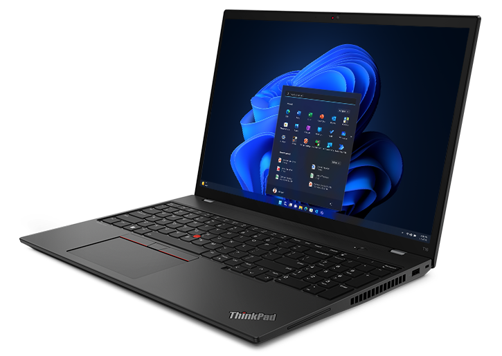 Overhead shot of Lenovo ThinkPad T16 Gen 2(16ʺ AMD) laptop open 90 degrees, angled to show right-side ports, keyboard & display.