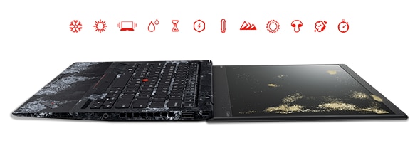 Lenovo ThinkPad X1 Carbon (5th Gen) and Icons Symbolizing Durability Tests 