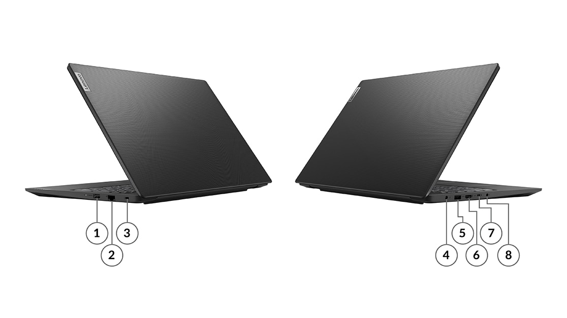 Ports latéraux droits et gauches, numérotés, du portable Lenovo V15 Gen 4 en Basic Black.