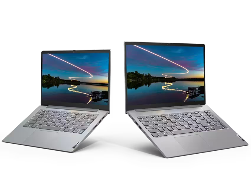 Two hinge-to-hinge Lenovo ThinkBook laptops showcasing a one-piece glass TouchPad, high-res display, and gorgeous dual-tone top cover. 